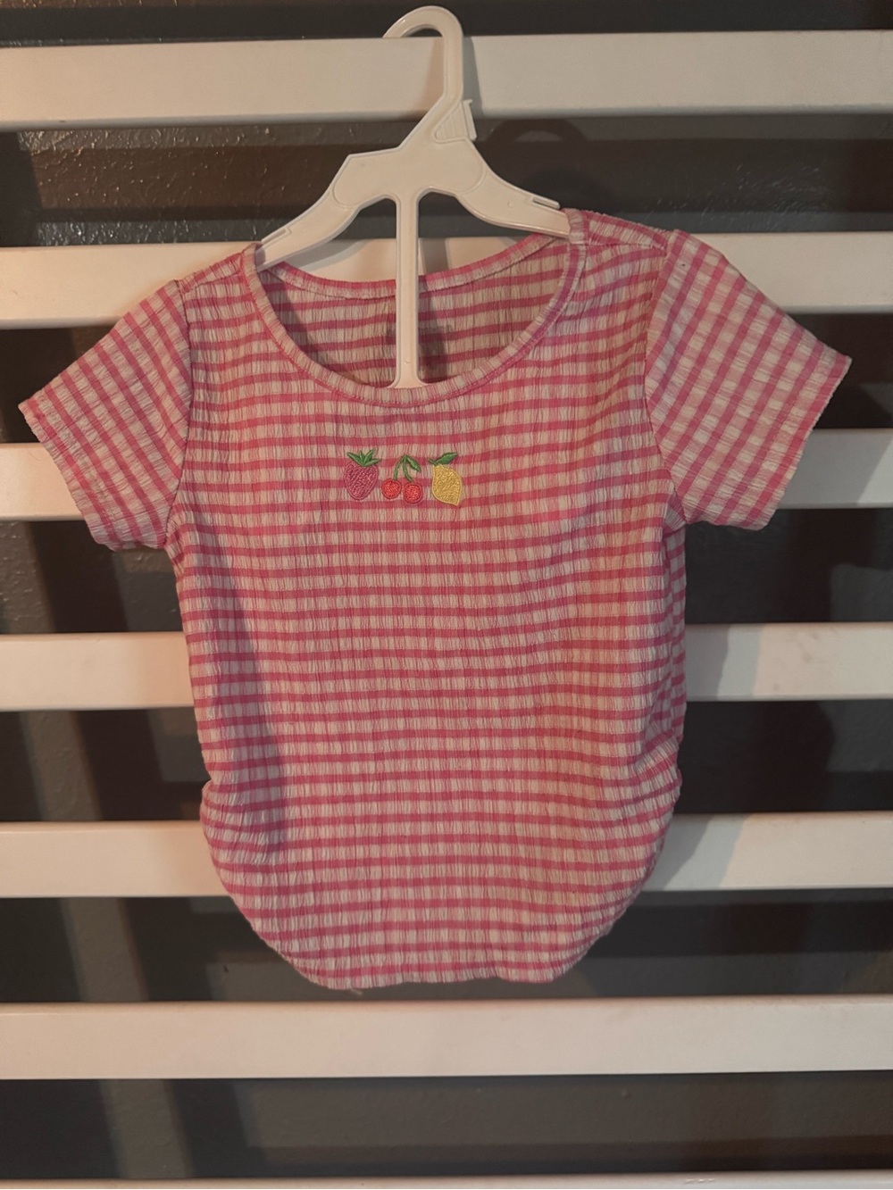 Girls Pink Gingham Fruit Embroidered Short Sleeve Tee